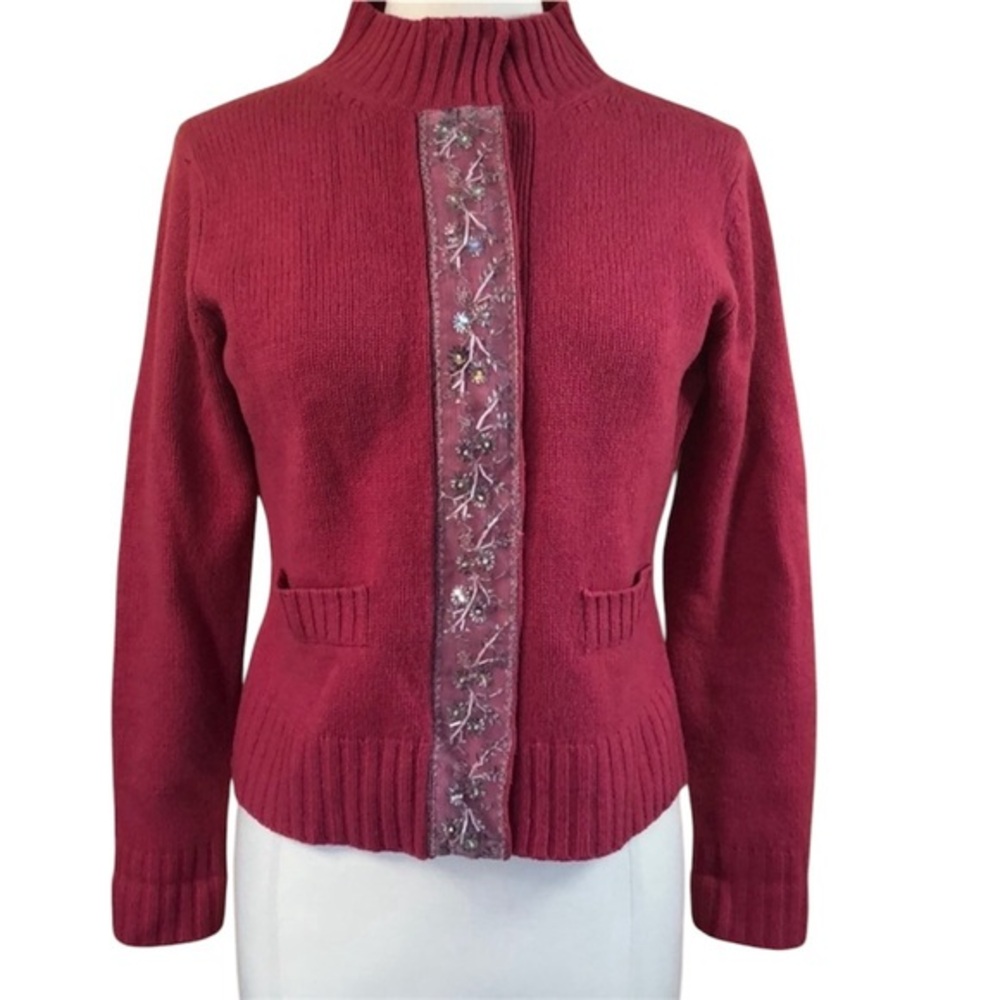 Garnet Hill 100% Lambs Wool Pink sweater/Cardigan w/lace,bead detail SizeSmall